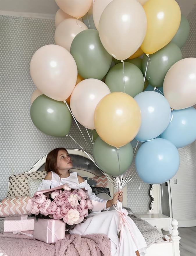 Sage Green Blue Yellow Balloons, Pastel Yellow Balloons, Sand White Balloons - Image 4