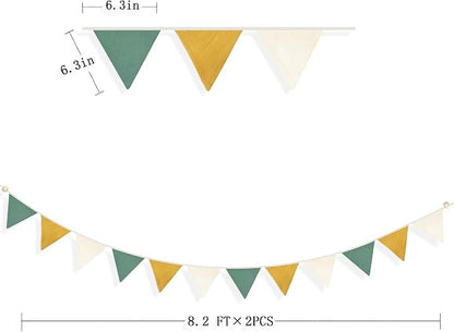 2 Sets of Yellow Green Nursery Garland Fabric Baby Banner 24Pcs Linen Triangle - Image 2