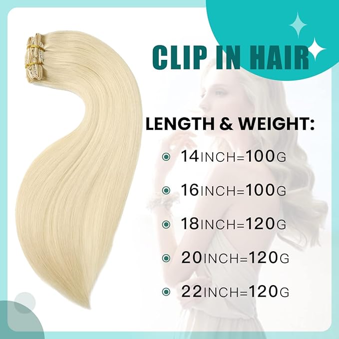 SURNEL Clip in Extensions Human Hair Platinum Blonde Hair Extensions Real Human Hair Clip ins 20 Inch 6pcs 120g (#60,20'')