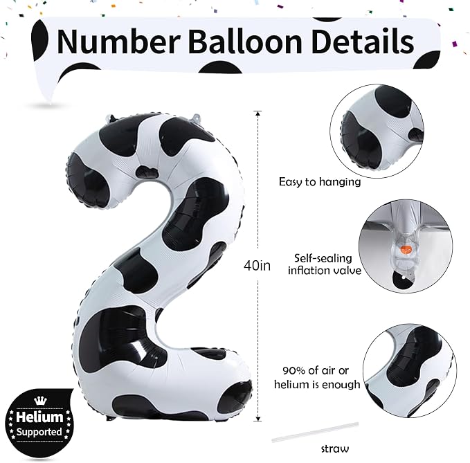 Cow Print Birthday Number Balloons, 40 Inch Large Foil Number 2 Self Inflating - Image 2