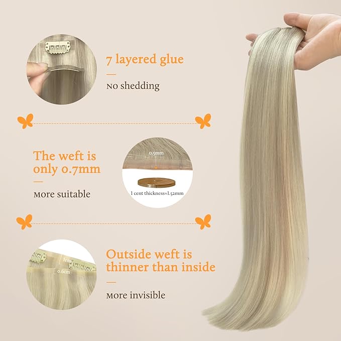 DOORES Clip in Hair Extensions Real Human Hair, Ash Blonde Highlighted Platinum Blonde 130g 7pcs 18 Inch Clip in Virgin Extensions Invisible Edge Remy Silky Weft