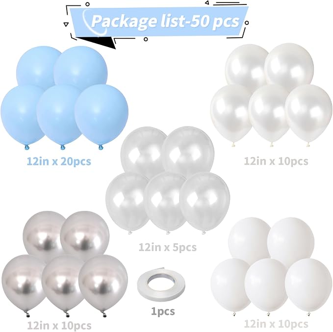 Blue and White Balloons, 12 Inch Baby Light Pastel Blue Pearl White Silver - Image 3