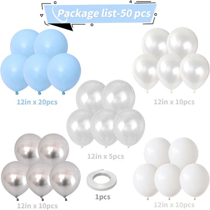 Blue and White Balloons, 12 Inch Baby Light Pastel Blue Pearl White Silver - Image 3