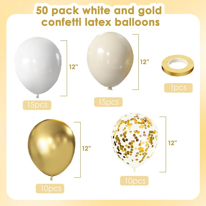 Sand White and Gold Confetti Balloons 50 Pcs 12 Inch | Birthday Wedding - Image 4
