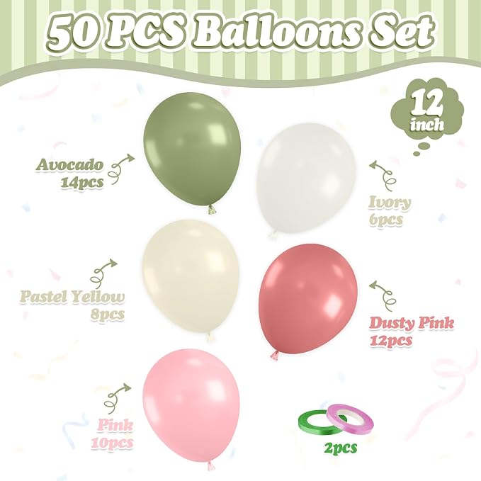 FunHot Sage Green Pink Balloons, 12 Inch Light Yellow Ivory Latex Balloons - Image 2