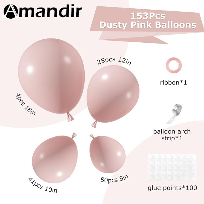 Amandir 153pcs Dusty Pink Balloons Arch Garland Kit Different Sizes | 18 12 10 - Image 3