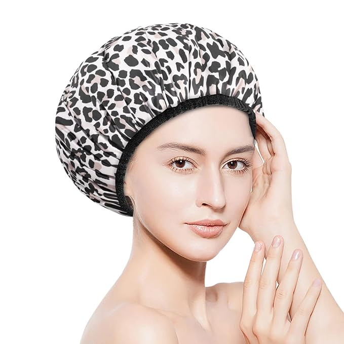 Aquior Shower Cap,Extra Large Triple Layer Bathing Cap with Dry Hair Function for Women Microfiber Terry Cloth Silky Satin 100%% Waterproof Reusable Long Hair Bath Caps (Leopard)