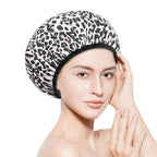 Aquior Shower Cap,Extra Large Triple Layer Bathing Cap with Dry Hair Function for Women Microfiber Terry Cloth Silky Satin 100%% Waterproof Reusable Long Hair Bath Caps (Leopard)