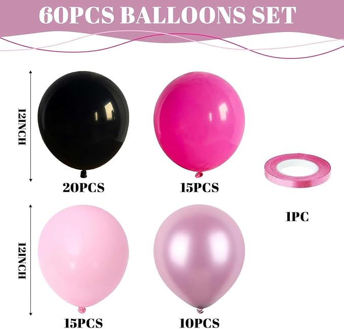 Pink and Black Balloons, 12Inch Pastel Light Rosa and Metallic Latex Balloons - Image 2