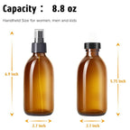Tecohouse Amber Glass Spray Bottles 8.8 oz, 2 Pack Empty Spray Bottle for Essential Oils, Small Glass Bottles for Cleaning Solutions, Plants, Hair with Durable Nozzle, Labels, Funnel