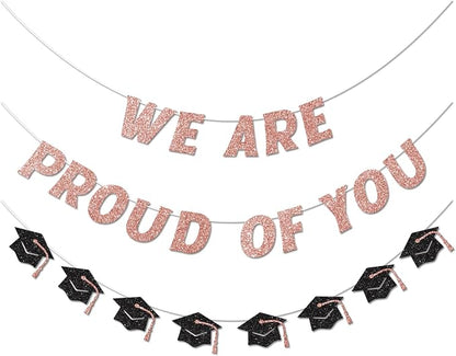 We Are So Proud of You Banner Pre-strung Rose Gold Graduation Decorations Class by Vofrise