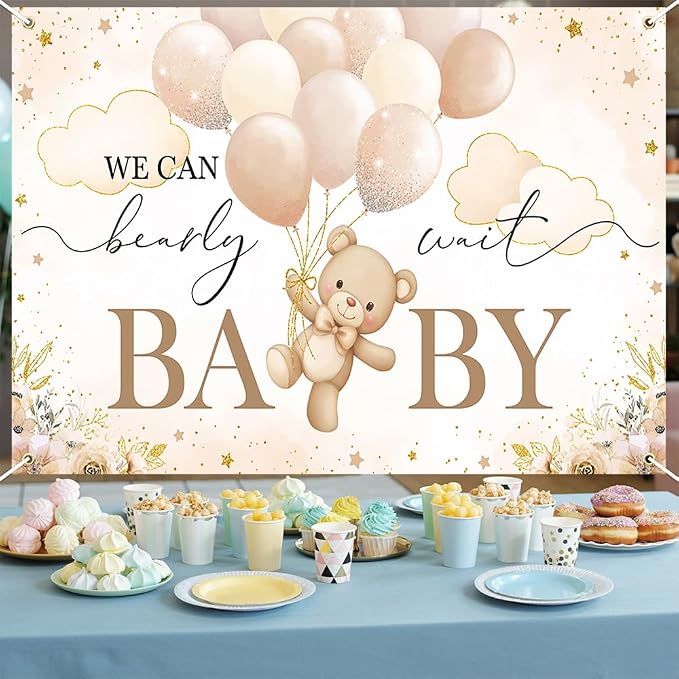 Mocsicka We Can Bearly Wait Backdrop Bear Baby Shower Banner Girl Bear Baby - Image 2