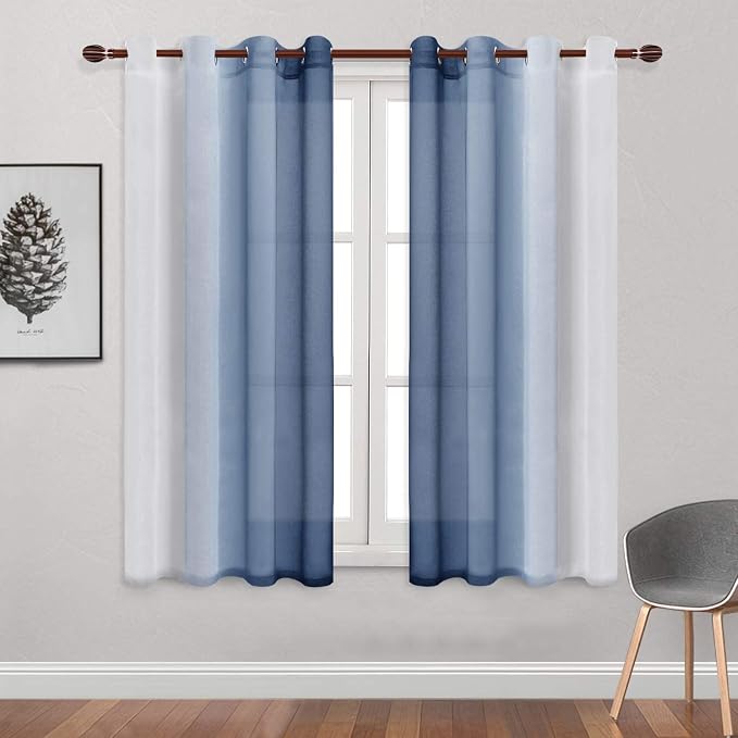 DWCN Blue Faux Linen Ombre Sheer Curtains - Image 2