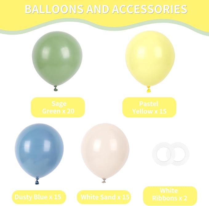RUBFAC Sage Green Dusty Blue Yellow Balloons, Party Balloon Pastel Yellow - Image 2