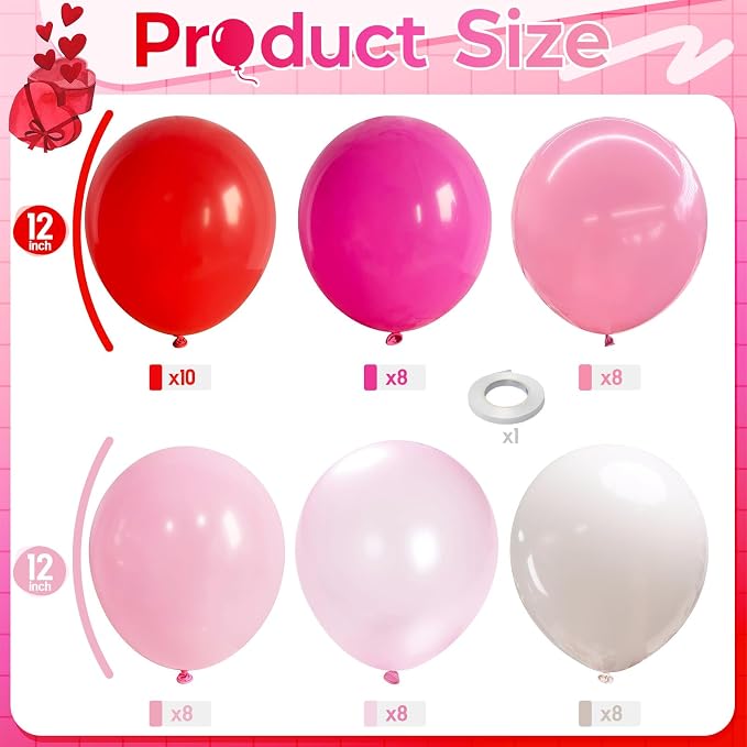 Pink and Red Balloon Set, Valentine Balloons Decorations, 12 Inch Red Pastel - Image 2