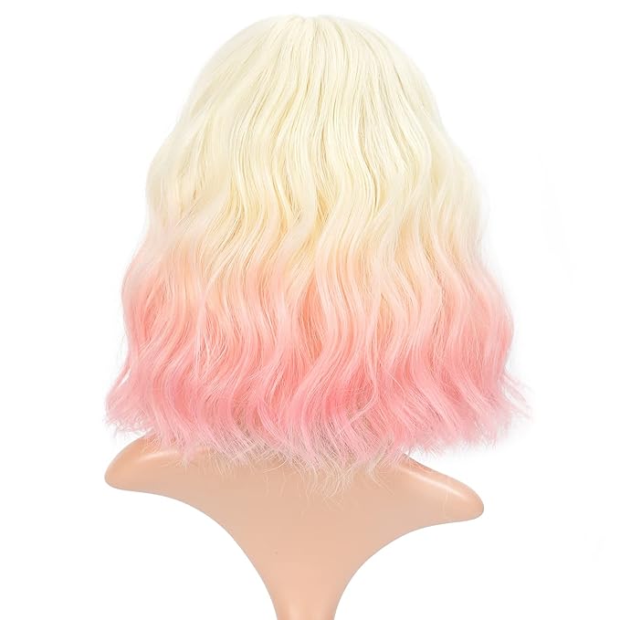 FAELBATY Short Pink Ombre Wig With Bangs - Bob Synthetic Wig for Women, Cosplay & Halloween - 12" (613/Pink)