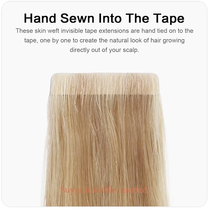 SUYYA Invisible Tape in Hair Extensions Human Hair Seamless Injected Hand-Tied Pro Quality Virgin Human Hair Tape Ins Ash Blonde Highlighted Bleach Blonde 20PCS 50G/Pack Straight(20 inch #P18/613)