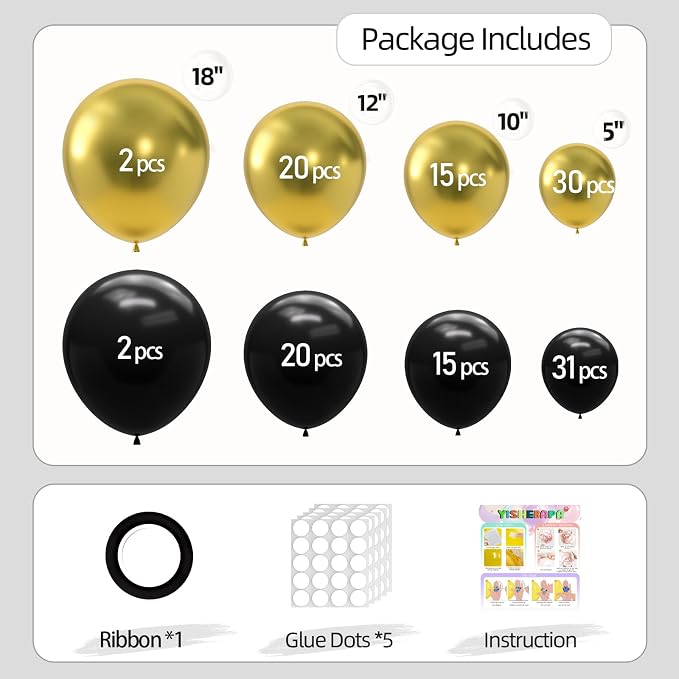 135pcs Black and Gold Balloons Different Sizes 18 12 10 5 Inch Chrome Metallic - Image 2