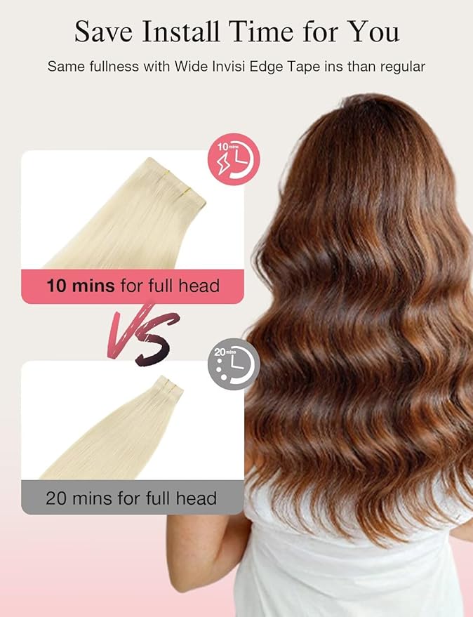 DOORES Invisi Edge Wide Tape in Hair Extensions Real Human Hair, Platinum Blonde 4PCS Injection Tape ins 20g 20 Inch, Invisible Injected 3 Inch Wide Human Extensions Straight