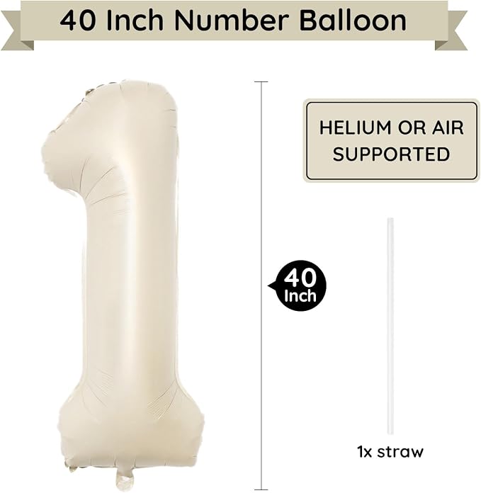 40 Inch Beige Number Balloon 1, Large Cream Number Foil Mylar Balloons - Image 2