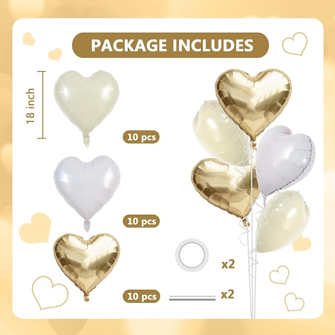TONIFUL 30 Pcs 18 Inch Champagne Gold Cream White Heart Shape Foil Balloons | - Image 2
