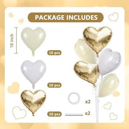 TONIFUL 30 Pcs 18 Inch Champagne Gold Cream White Heart Shape Foil Balloons | - Image 2