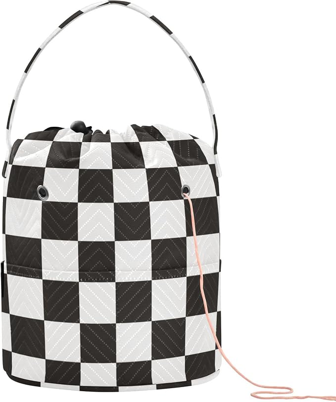 Checkered Black Yarn Bag Small Crochet Bag Drawstring Yarn Storage Organizer by Tatenale