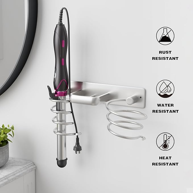 hicorfe Hair Dryer Holder 3 in 1 Hair Tool Organizer,Blow Dryer Holder Wall Mounted,Bathroom Bedroom Care Styling for Flat Iron,Curling Iron,Hair Straightener（Silver）