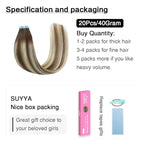 SUYYA Tape in Hair Extensions Human Hair Balayage Chocolate Brown to Bleach Blonde and Chestnut Brown 40g/pack 20pcs Straight Seamless Skin Weft Tape in Human Hair Extensions(12inch #P6/613/T4)
