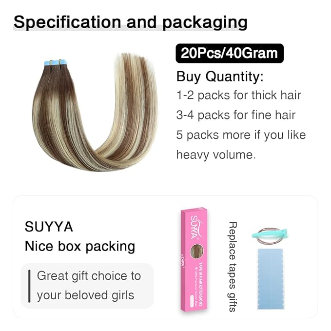 SUYYA Tape in Hair Extensions Human Hair Balayage Chocolate Brown to Bleach Blonde and Chestnut Brown 14 Inch 40g/pack 20pcs Straight Seamless Skin Weft Tape in Hair Extensions(14inch #P6/613/T4)