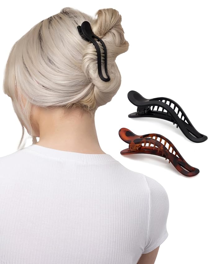 Kitsch Flat Hair Clips for Women - Strong Hold, No Slip Grip Flat Claw Clips | Sleek Curved Design For Comfortable Look | Hair Accessories For Girls | Ideal Gifts for Women - Black & Tortoise, 2pcs