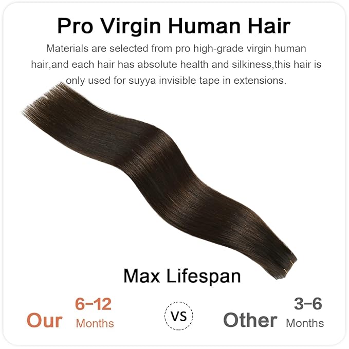 SUYYA Invisible Tape in Hair Extensions Human Hair Darkest Brown Seamless Injected Hand-Tied Pro Quality Virgin Human Hair 20PCS 40G/Pack Straight Tape Ins(14 inch #2 Darkest Brown)