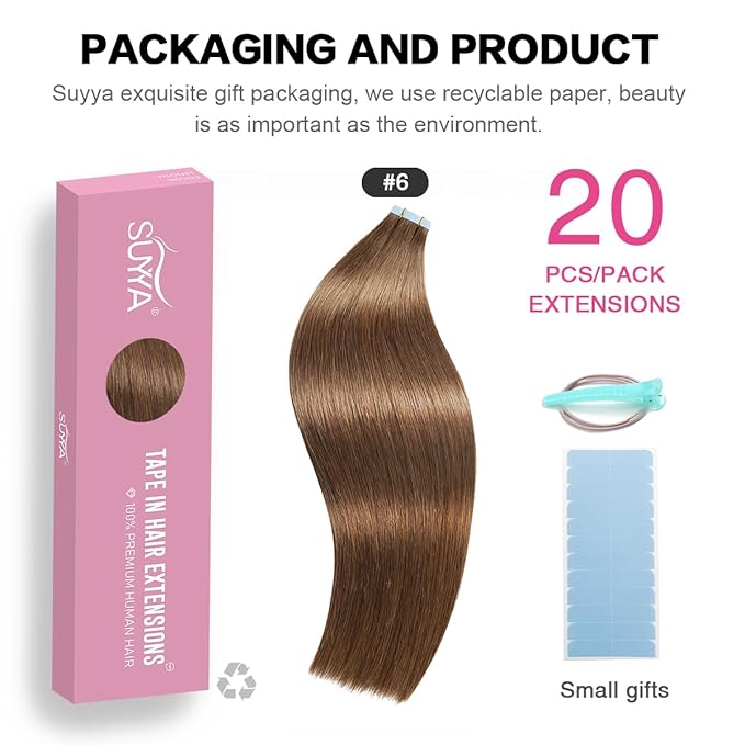 SUYYA Tape in Hair Extensions Human Hair Chestnut Brown 100% Remy Human Hair 50g/pack 20pcs Straight Seamless Skin Weft Tape in Human Hair Extensions(18 inches #6 Medium Brown)