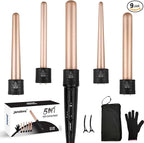 janelove 5 in 1 Wand Curling Iron Set, Ceramic Hair Curling Iron(0.35”-1.25”), Hair Curler for All Hairstyle, with Adjustable Temperature Dual Voltage, Instant Heat up, with Glove & 2 Clips(Gold)