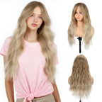 Long Wavy Ombre Ash Blonde Wig with Curtain Bangs for Women 26 Inch Synthetic Wig Natural Looking Heat Resistant Fiber Hair Wig for Daily Party Halloween Cosplay Use