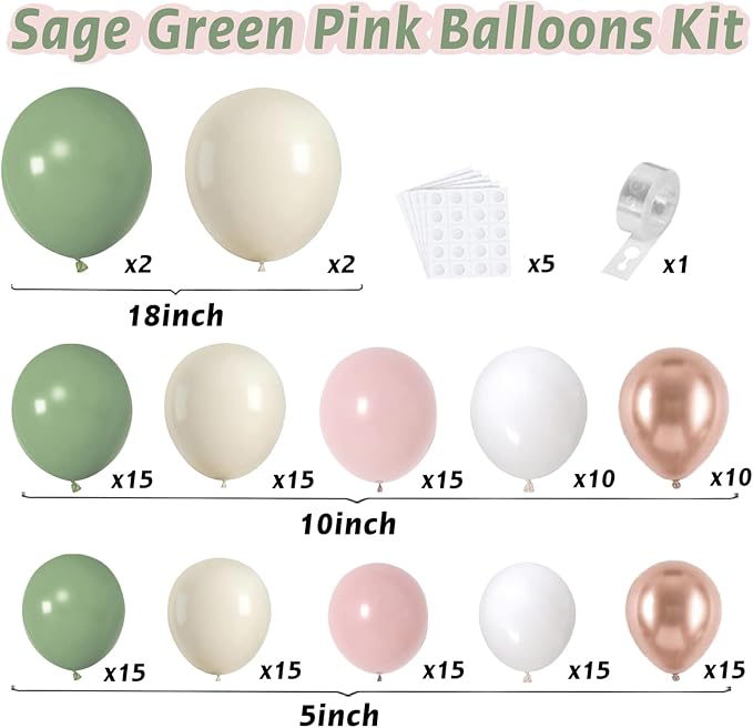 Sage Green Pink Balloon Arch Kit, Sand White, Rose Gold, Different Size | Latex - Image 2