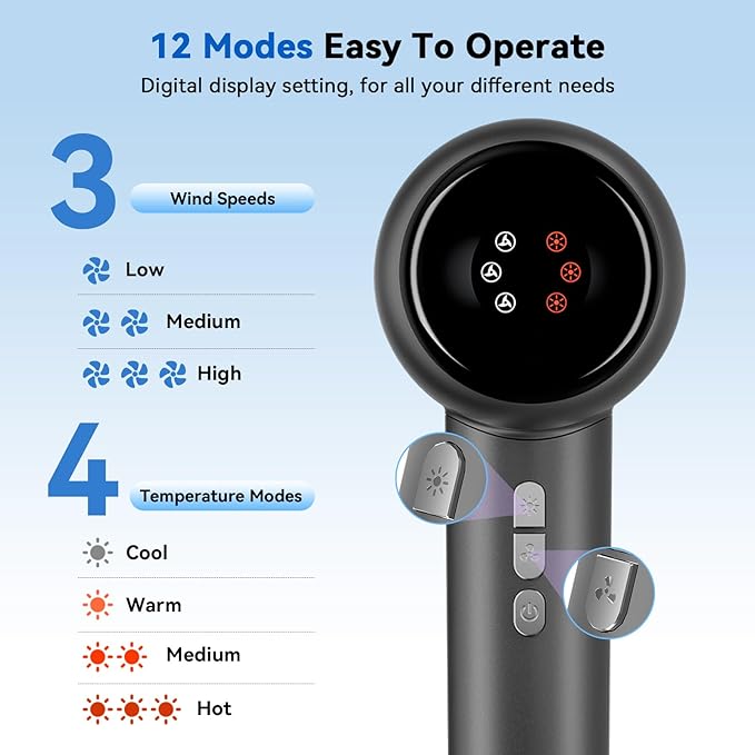 Ionic Hair Dryer Fast Drying, Thermo-Control Professional Blow Dryer, Low Noise, Lightweight, Magnetic Diffuser and Concentrator for Curly & Straight Hair, 160000 RPM High-Speed Brushless Motor, Black