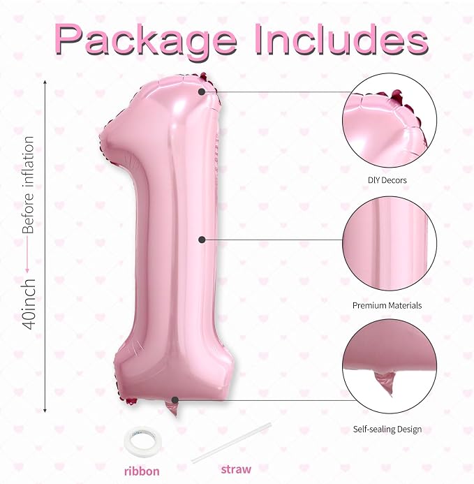 40 Inch Pink Number 1 Balloon, Giant Number Balloons, Birthday Decorations | - Image 3