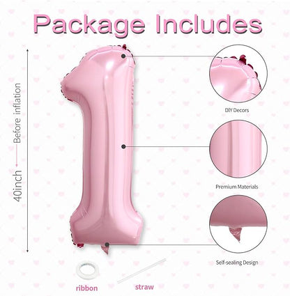 40 Inch Pink Number 1 Balloon, Giant Number Balloons, Birthday Decorations | - Image 3