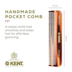 Kent A FOT Handmade Pocket Comb for Men, Women and Kids, All Fine Tooth Hair Comb Straightener for Everyday Grooming and Styling Hair, Beard and Mustache, Saw Cut and Hand Polished, Made in England