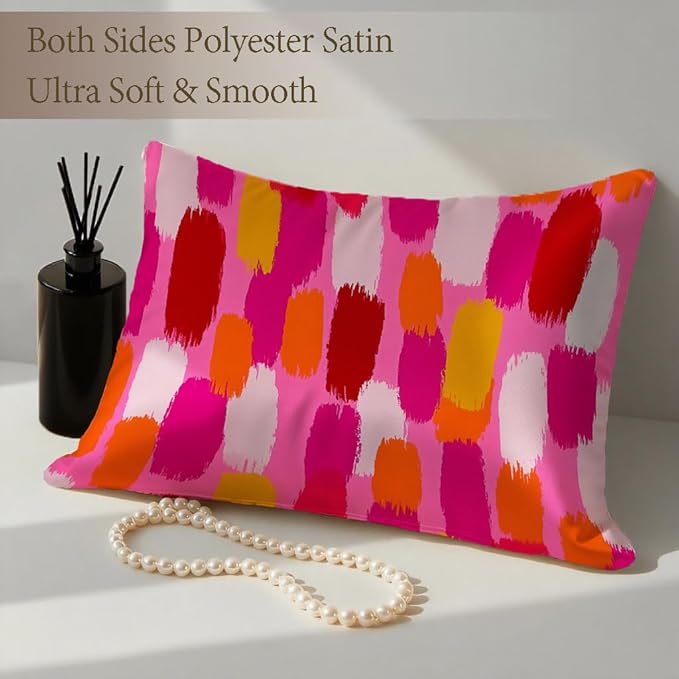 Silk Pillow Case for Hair and Skin Abstract Retro Pink Orange Brush Standard Size Silk Pillow Case with Zipper Super Soft Pillow Covers for Women Bed Sleeping, 20x26 Inches