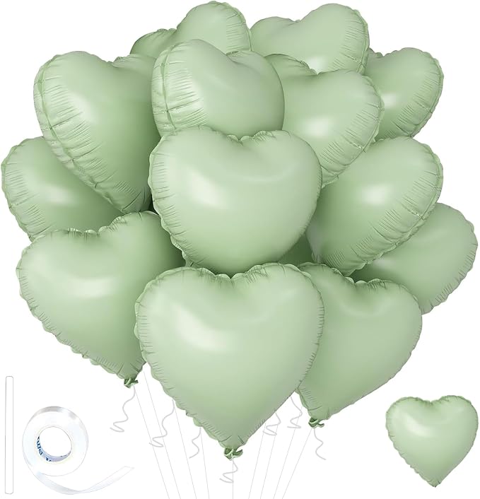 Green Heart Ballloons, 18 Inch Pastel Green Foil Love Heart Shaped Balloons by Wuhetyo