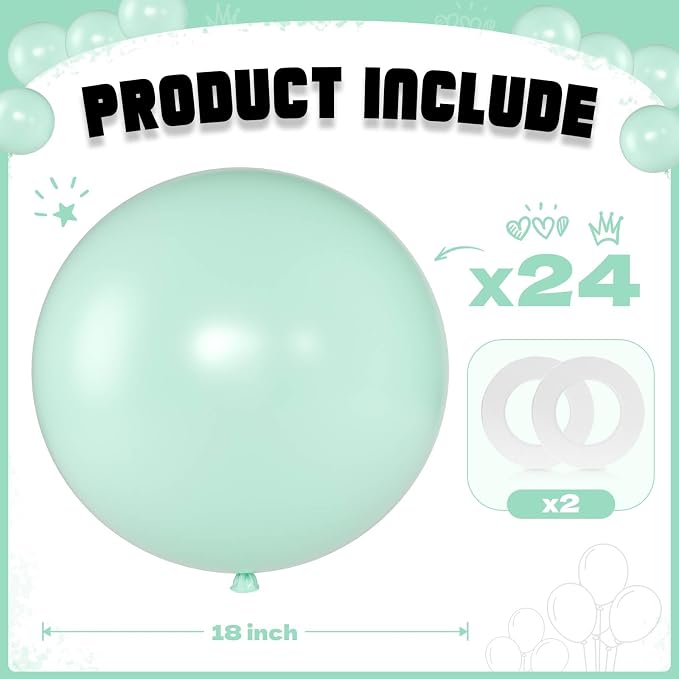 Pastel Green Balloons 18 Inch 24 Pack Matte Helium Latex Round Balloons - Image 2