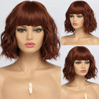 Short Auburn Wigs for Women Dark Ginger Wig with Bangs Wigs Natural Looking Curly Hair Medium Length Synthetic Bob Wig Wavy Colorful Wigs（14 Inches）
