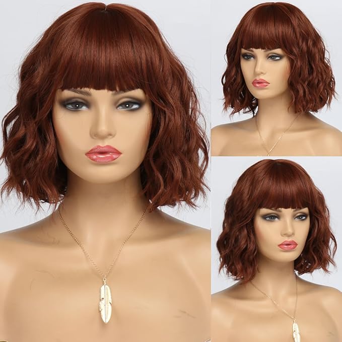 Short Auburn Wigs for Women Dark Ginger Wig with Bangs Wigs Natural Looking Curly Hair Medium Length Synthetic Bob Wig Wavy Colorful Wigs（14 Inches）