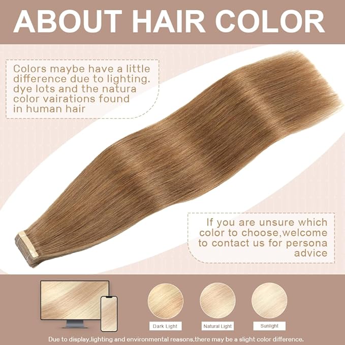 Tape in Hair Extensions Human Hair Tawny Brown Hair Extensions 18 Inch 20pcs Remy Straight Human Hair Tape in Extensions Skin Weft Tape Extensions Human Hair