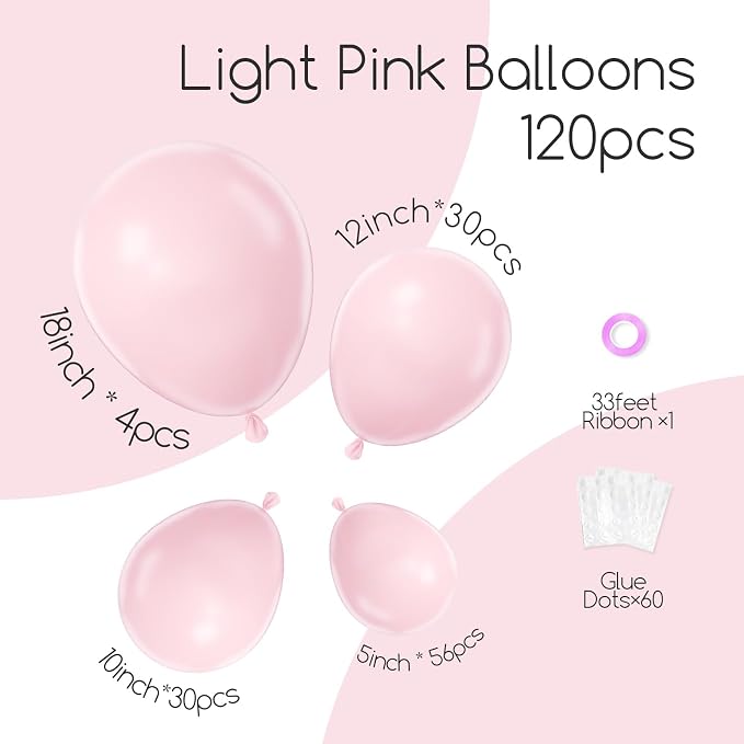 Awenztech 122pcs Light Pink Balloon Arch Kit, 18 12 10 5 inch Pastel Pink Latex - Image 2