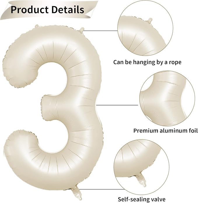 40 Inch Cream Number 3 Balloon, Digital 3 Cream White Giant 3 Foil Balloon - Image 3