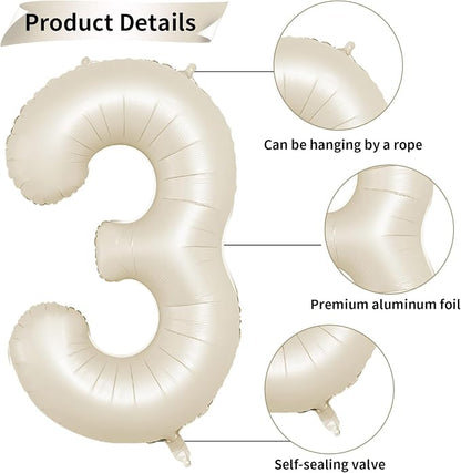 40 Inch Cream Number 3 Balloon, Digital 3 Cream White Giant 3 Foil Balloon - Image 3