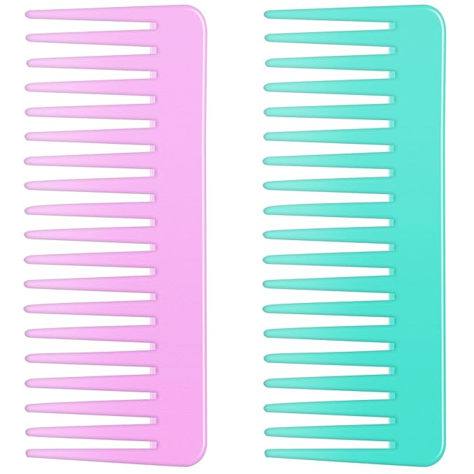Wide Tooth Detangling Comb for Long, Curly, and Wet Hair - No Handle Styling and Shampoo Comb (2 Pieces - Rose Red, Cyan)